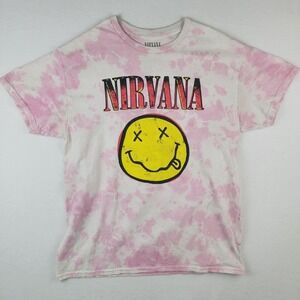 Nirvana Pink Tie-Dye Smiley Face Graphic Tee Medium 100% Cotton Band T-Shirt